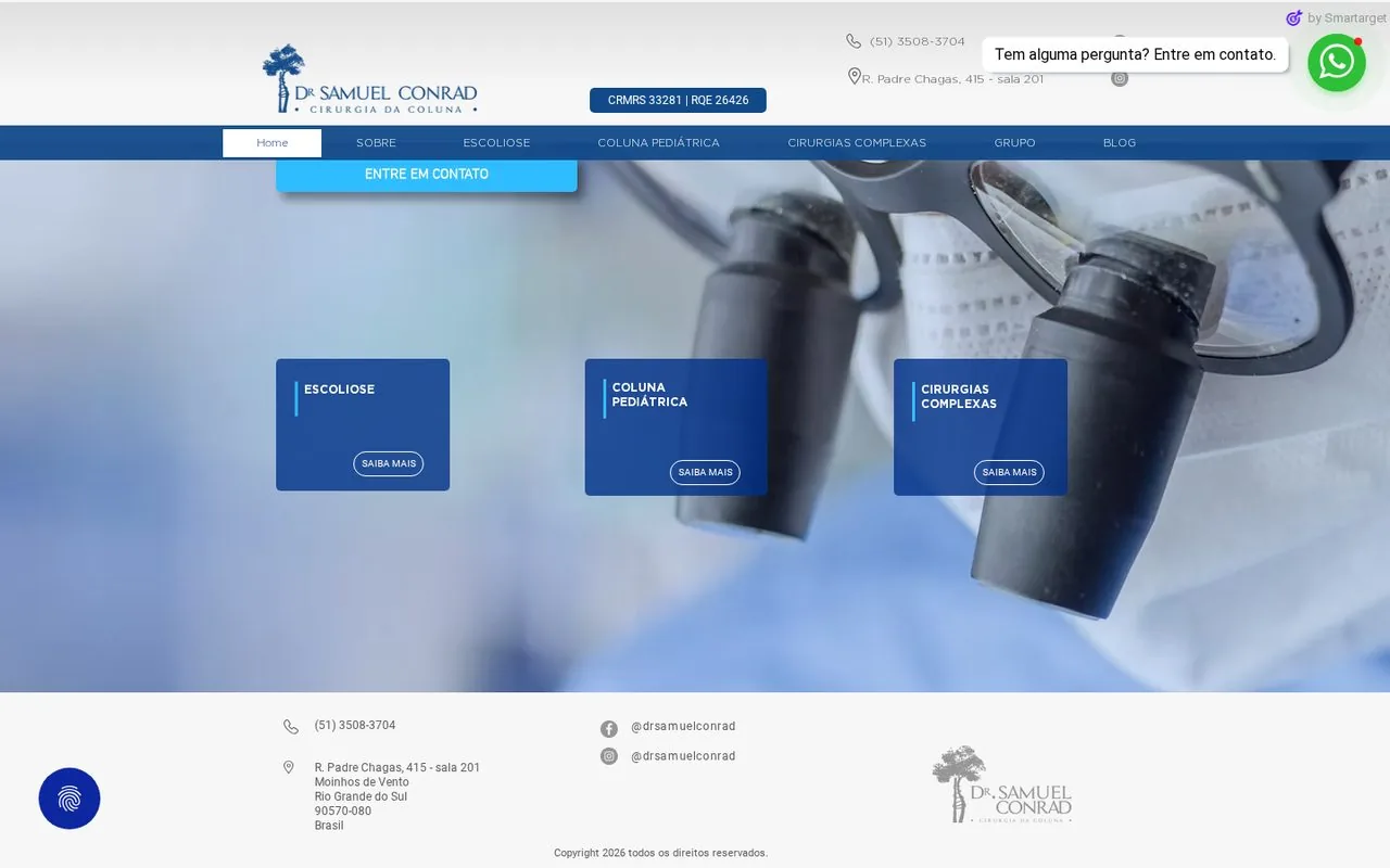 Tela do site do Dr. Samuel Conrad com as áreas de atuação