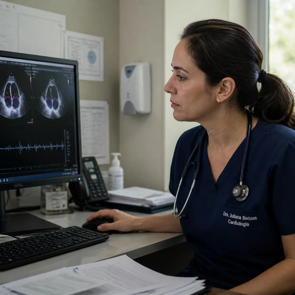 Médica cardiologista analisando exame de ecocardiograma