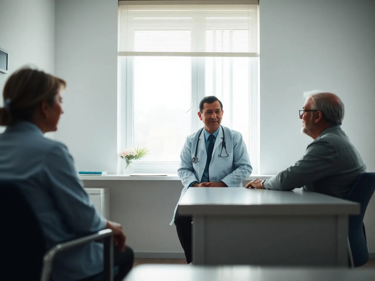 Médico conversando com um paciente e sua acompanhante em um consultório iluminado